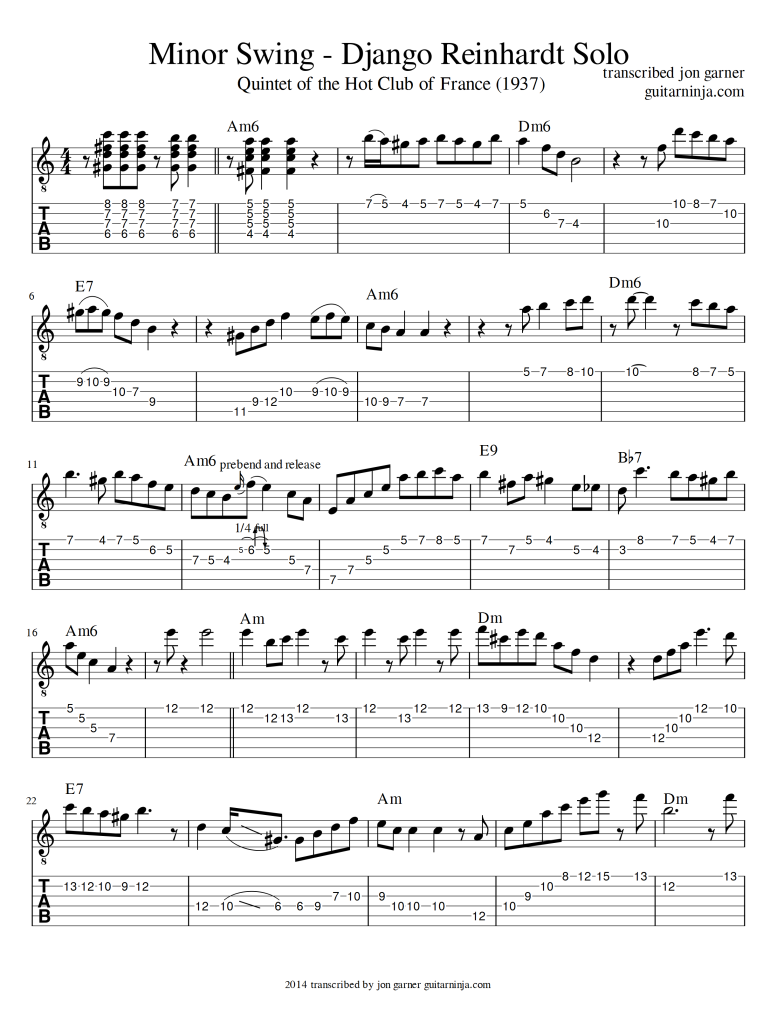 Minor Swing Page One Solo Transciption Tab Django