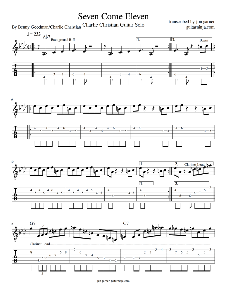 Seven Come Eleven Charlie Christian Solo Notation and Tab